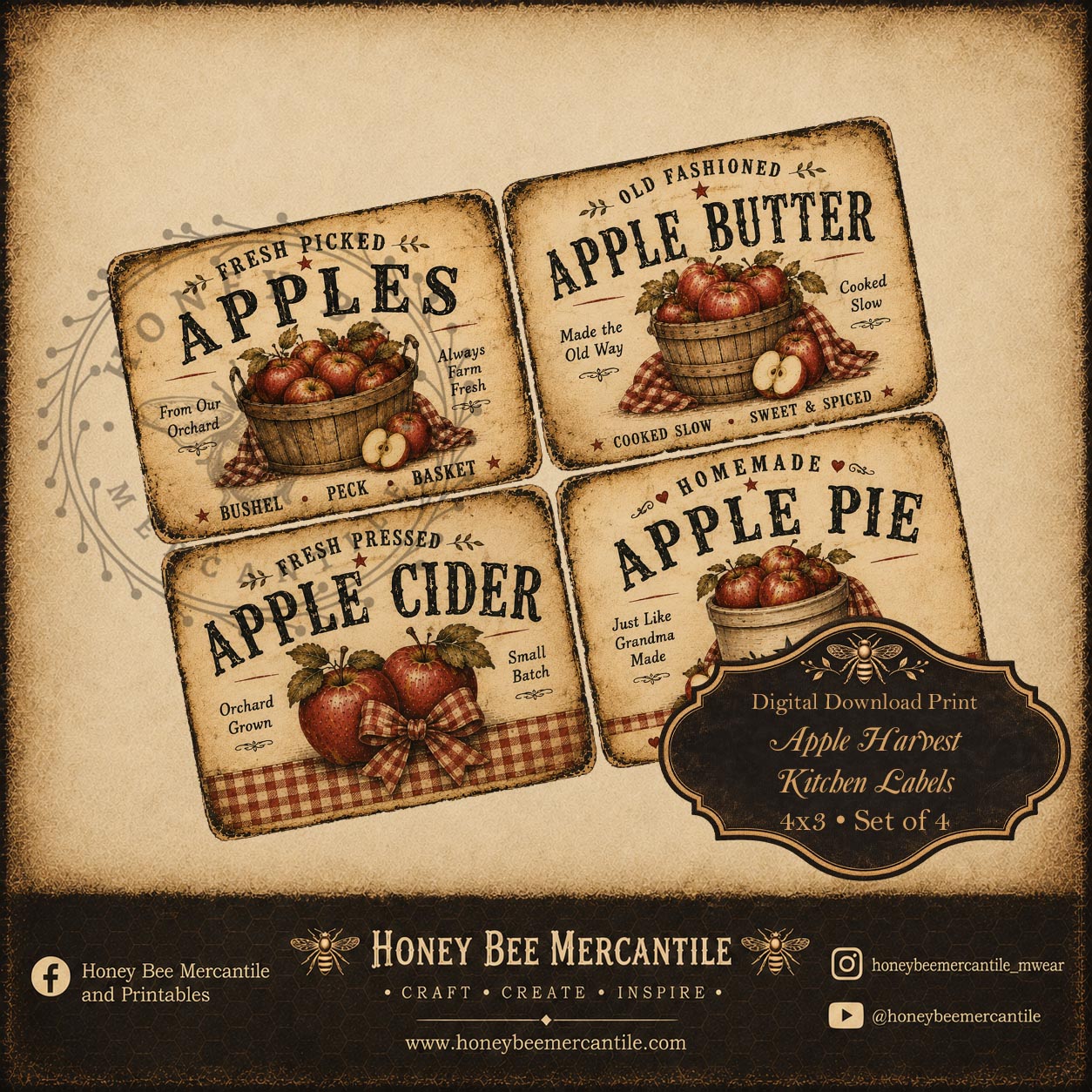 Apple Harvest, Kitchen Labels, Set of 4, Digital Download, Printable, Decoupage, Craft Supplies