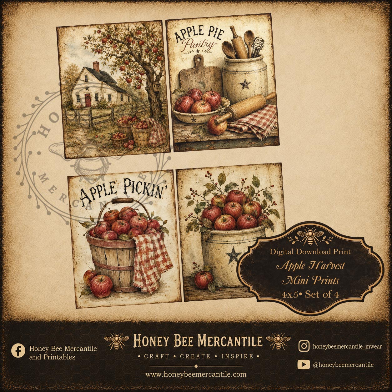 Apple Harvest, Mini Prints, Set of 4, 4x5 inch, Digital Download, Printable, Decoupage, Craft Supplies, Set 1