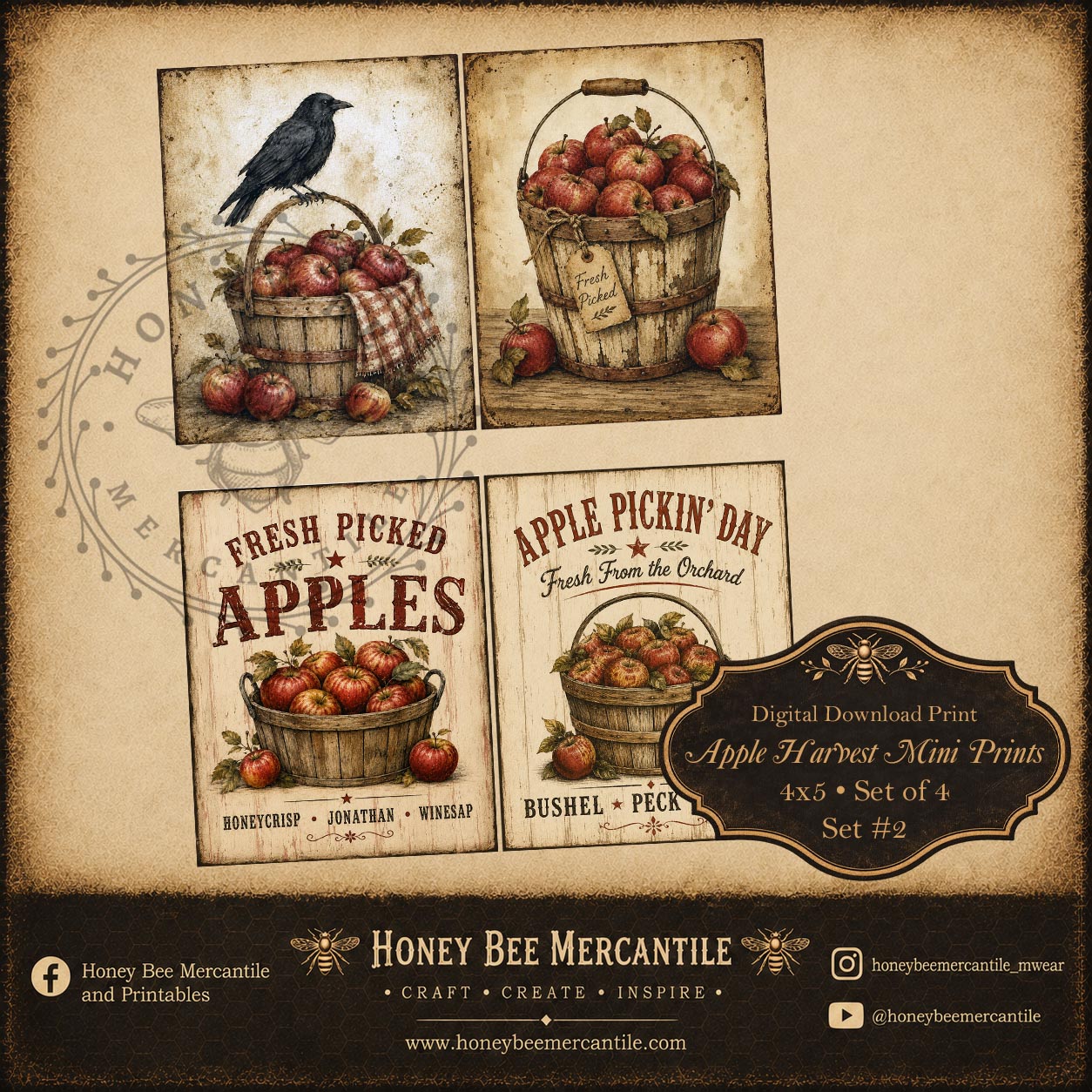 Apple Harvest, Mini Prints, Set of 4, 4x5 inch, Digital Download, Printable, Decoupage, Craft Supplies, Set 2