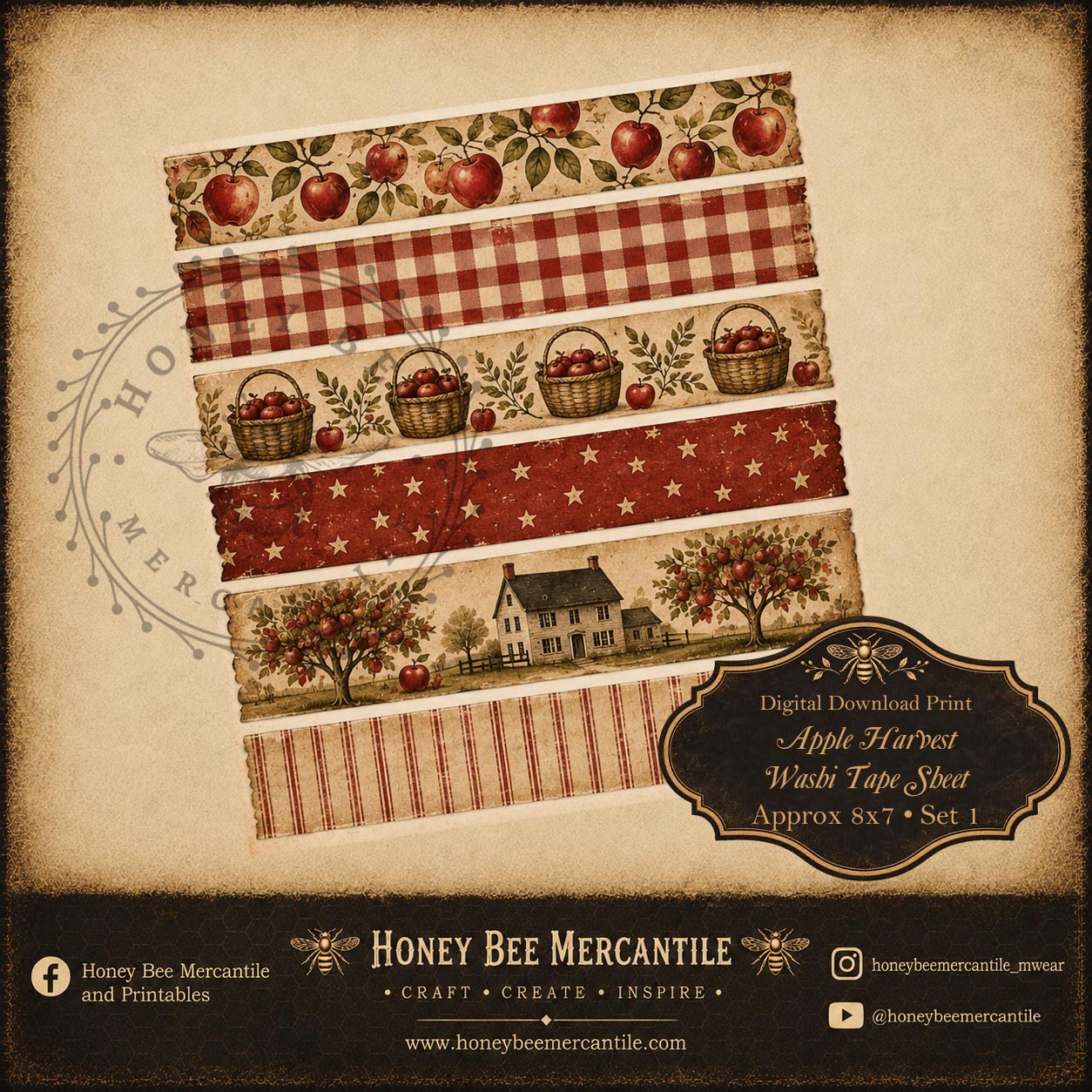 Apple Harvest, Washi Tape Designs, Digital Download, Printable, Decoupage, Craft Supplies, Set 1