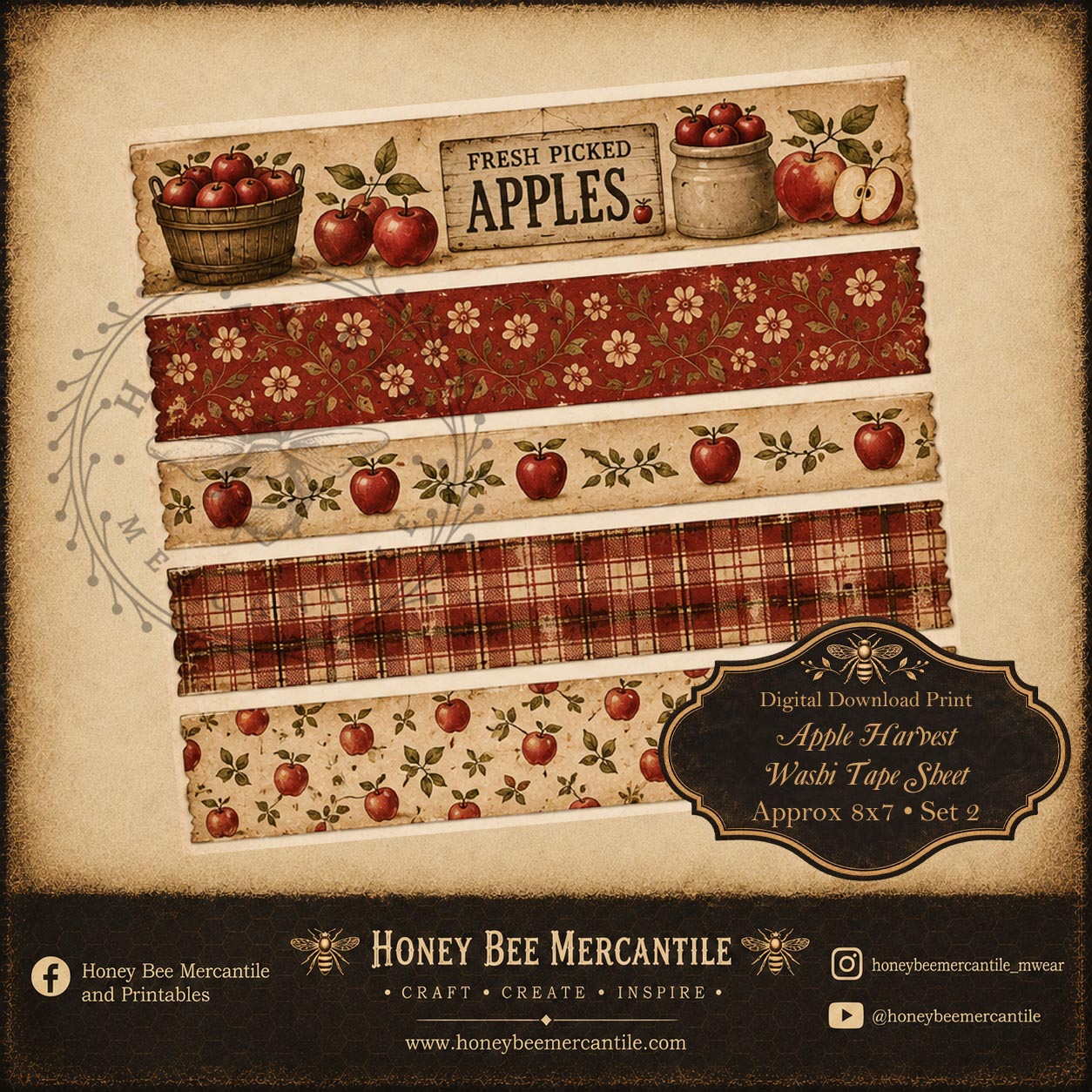 Apple Harvest, Washi Tape Designs, Digital Download, Printable, Decoupage, Craft Supplies, Set 2