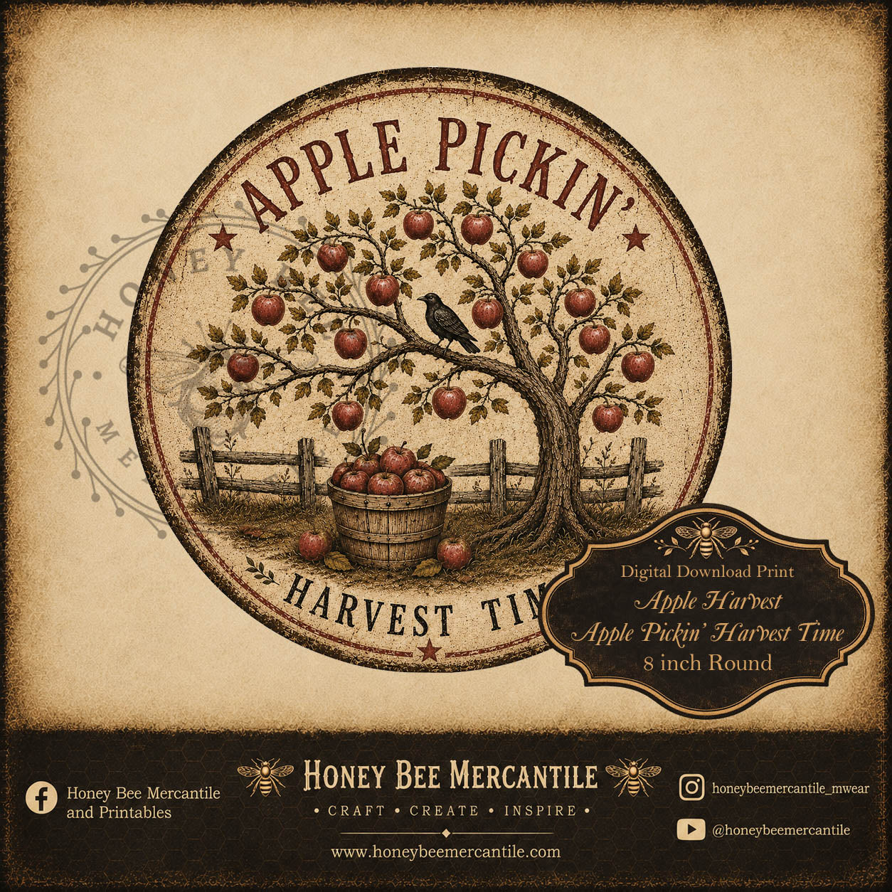 Apple Harvest Apple Pickin', 8 inch round, Digital Download, Printable, Decoupage, Craft Supplies