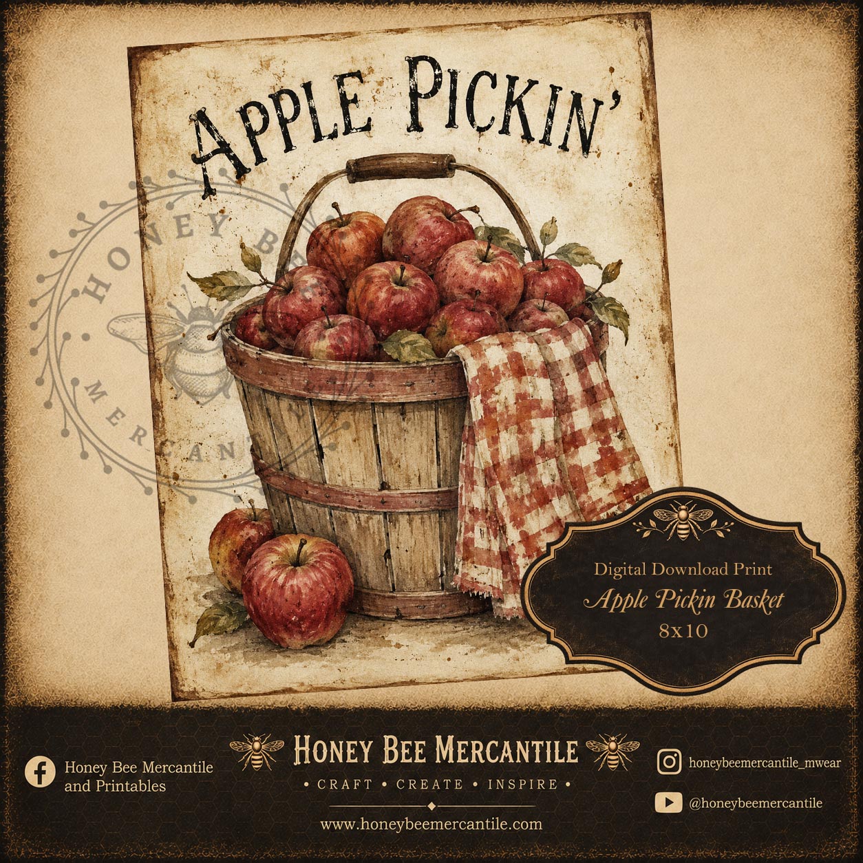 Apple Harvest, Apple Pickin', Basket of Apples, 8x10, Digital Download, Printable, Decoupage, Craft Supplies