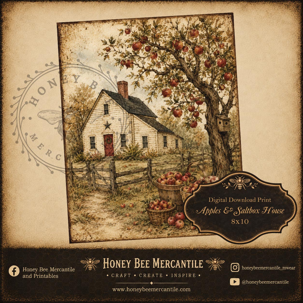 Apple Harvest, Apples and Saltbox Print, 8x10, Digital Download, Printable, Decoupage, Craft Supplies