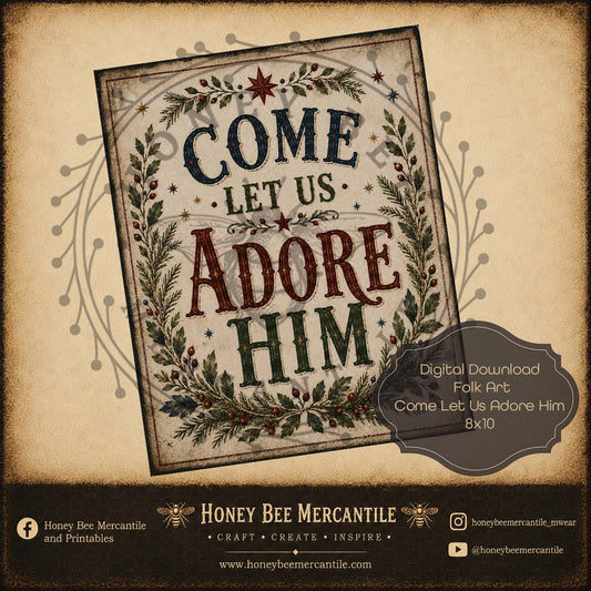 Come Let Us Adore Him, Folk Art Word Art, 8x10, Digital Download, Printable, Decoupage, Craft Supplies
