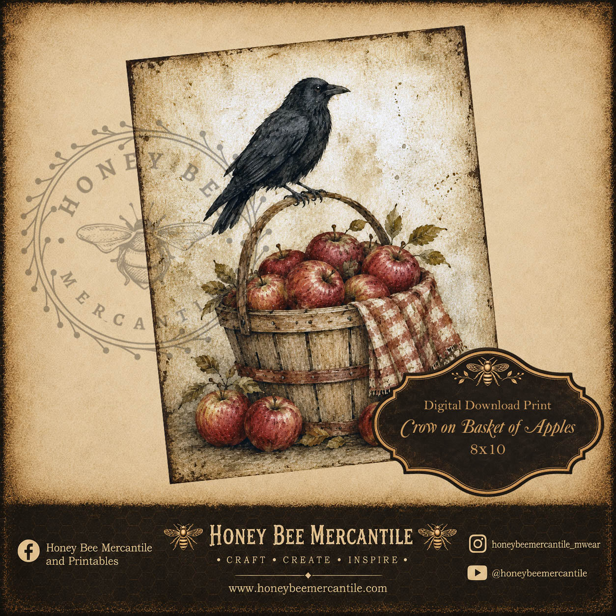 Apple Harvest, Crow on Bucket of Apples, 8x10, Digital Download, Printable, Decoupage, Craft Supplies
