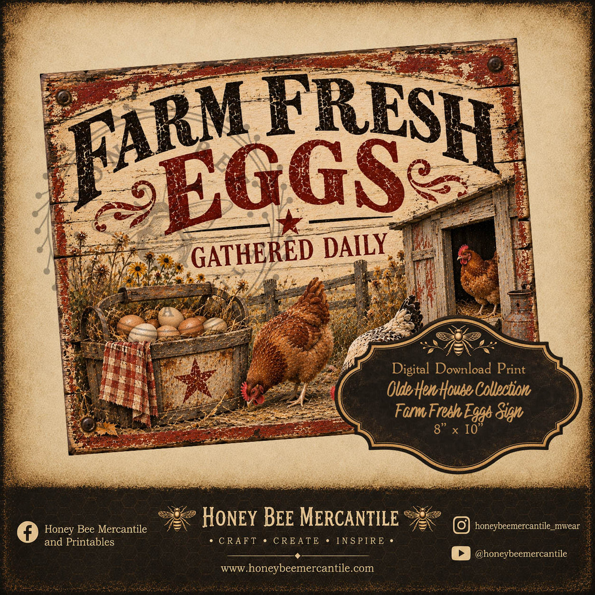 Olde Hen House Collection, Farm Fresh Eggs, Gathered Daily, 8x10, Digital Download, Printable, Decoupage, Craft Supplies