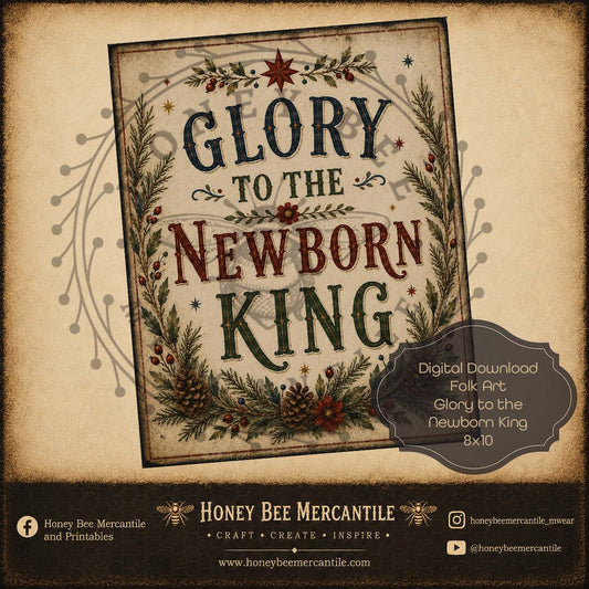 Glory to the Newborn King, Folk Art Word Art, 8x10, Digital Download, Printable, Decoupage, Craft Supplies