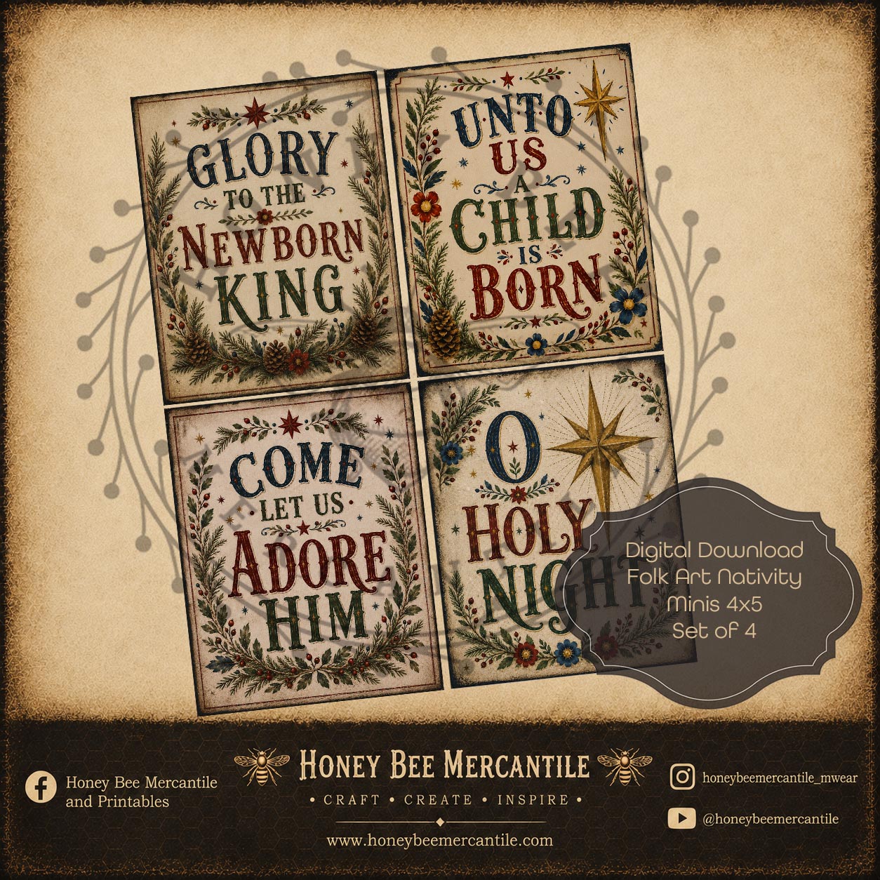 Folk Art Nativity Word Art, Minis 4x5 inch, Set of 4, Digital Download, Printable, Decoupage, Craft Supplies