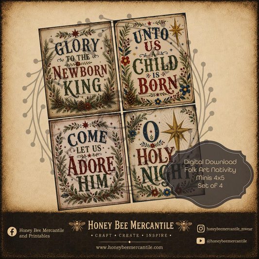 Folk Art Nativity Word Art, Minis 4x5 inch, Set of 4, Digital Download, Printable, Decoupage, Craft Supplies