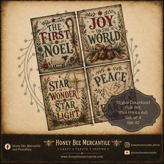 Folk Art Nativity, Word Art, Minis 4x5 inch, Set of 4, Digital Download, Printable, Decoupage, Craft Supplies, Set 2