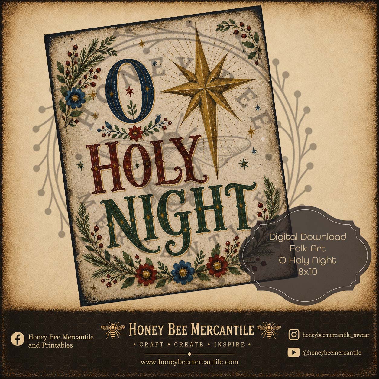 Oh Holy Night, Folk Art Word Art, 8x10, Digital Download, Printable, Decoupage, Craft Supplies