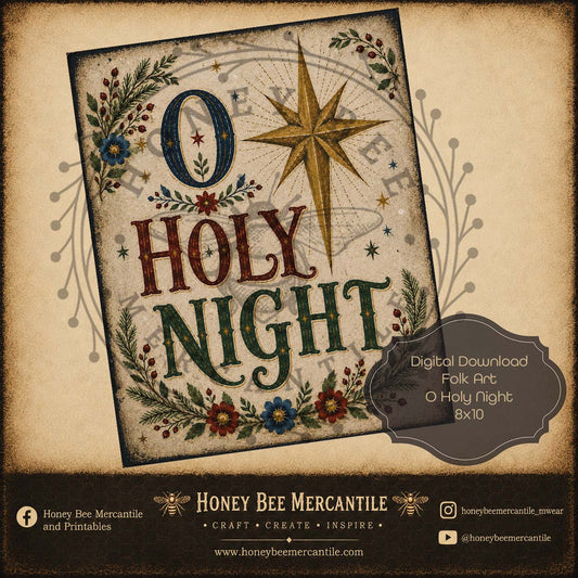 Oh Holy Night, Folk Art Word Art, 8x10, Digital Download, Printable, Decoupage, Craft Supplies