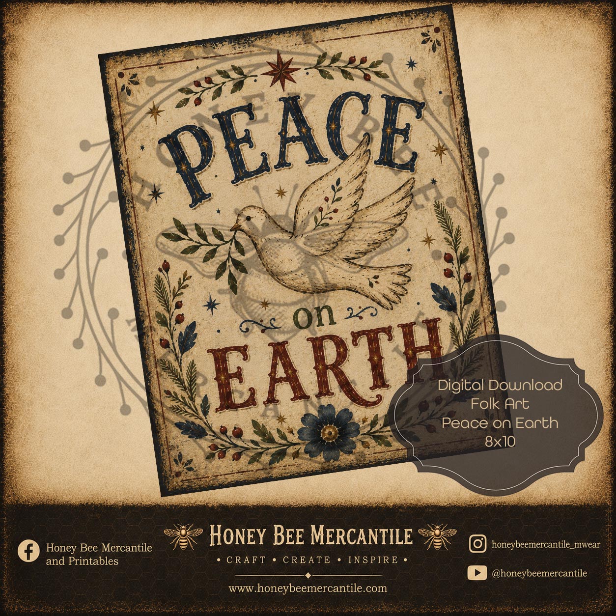 Peace on Earth, Folk Art Word Art, 8x10, Digital Download, Printable, Decoupage, Craft Supplies