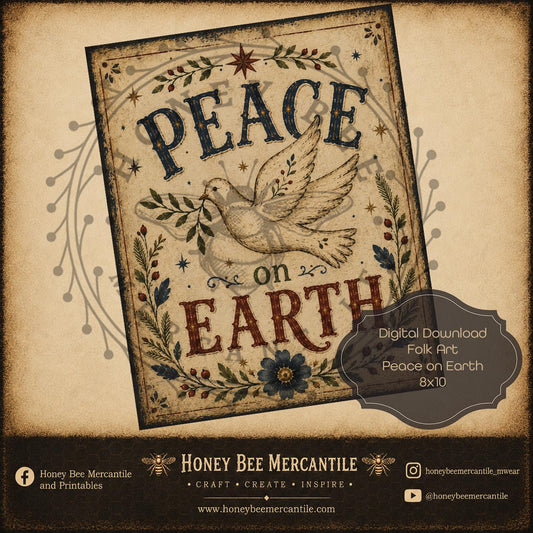 Peace on Earth, Folk Art Word Art, 8x10, Digital Download, Printable, Decoupage, Craft Supplies