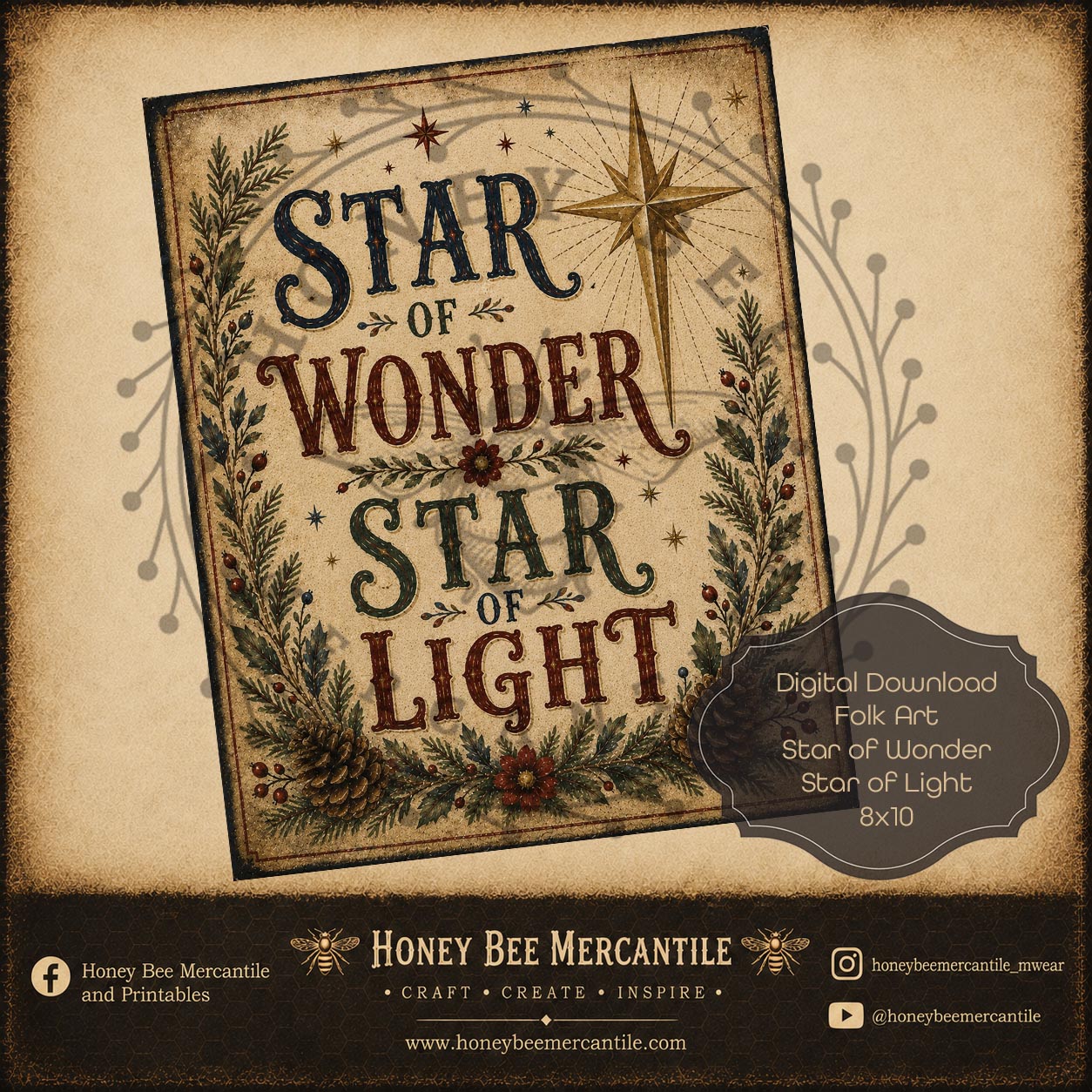 Star of Wonder Star of Light, Folk Art Word Art, 8x10, Digital Download, Printable, Decoupage, Craft Supplies