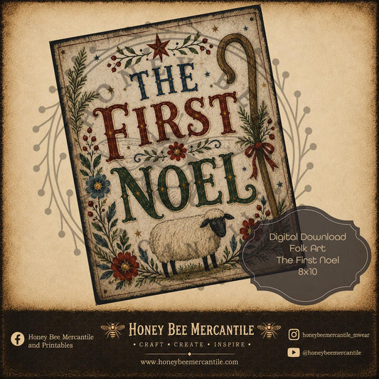 The First Noel, Sheep, Folk Art Word Art, 8x10, Digital Download, Printable, Decoupage, Craft Supplies