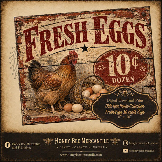 Olde Hen House Collection, Fresh Eggs, 10 cents a Dozen, 8x10, Digital Download, Printable, Decoupage, Craft Supplies