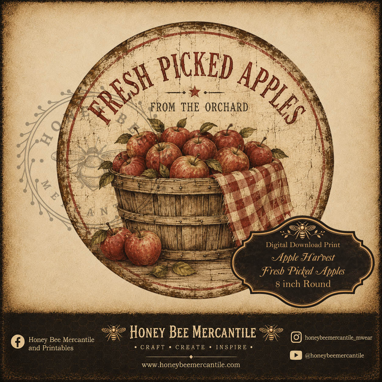 Apple Harvest, Fresh Picked Apples, 8 inch round, Digital Download, Printable, Decoupage, Craft Supplies
