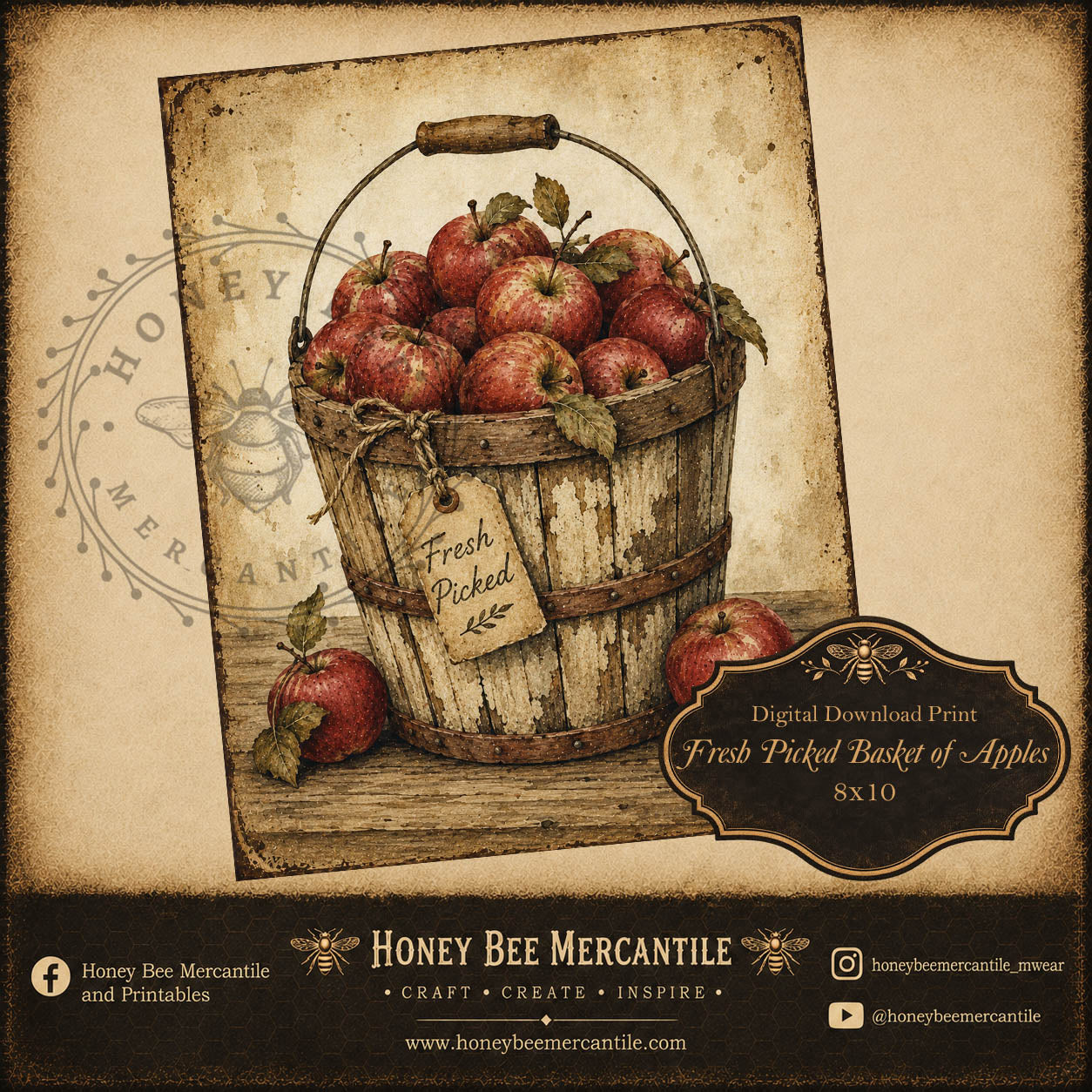 Apple Harvest, Fresh Picked Bucket of Apples Sign, 8x10, Digital Download, Printable, Decoupage, Craft Supplies