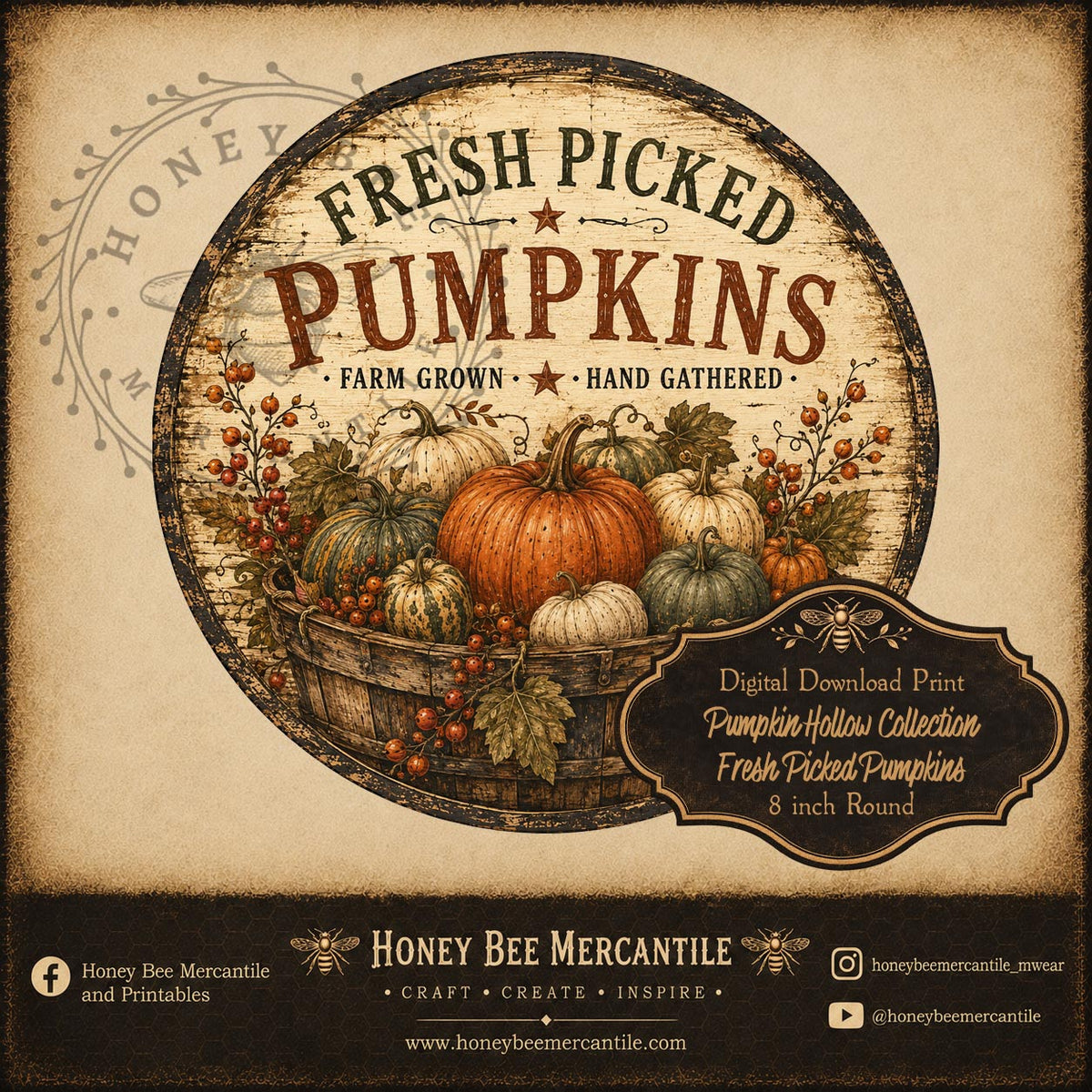 Pumpkin Hollow Collection, Fresh Picked Pumpkins, 8 inch round, Digital Download, Printable, Decoupage, Craft Supplies