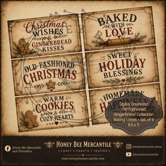 Old Fashioned Gingerbread Collection Baking Labels, Set of 6, Digital Download, Printable, Decoupage, Craft Supplies