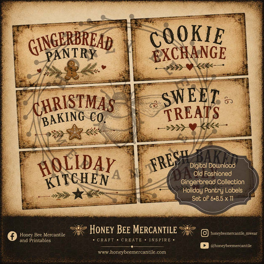 Old Fashioned Gingerbread Collection Pantry Labels, Set of 6, Digital Download, Printable, Decoupage, Craft Supplies