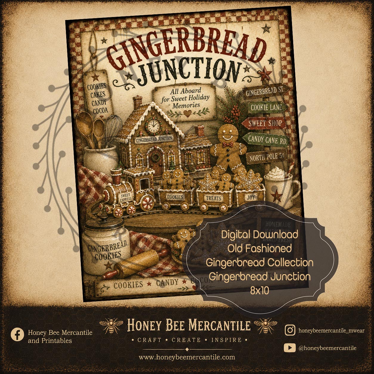 Old Fashioned Gingerbread Junction, 8x10, Digital Download, Printable, Decoupage, Craft Supplies