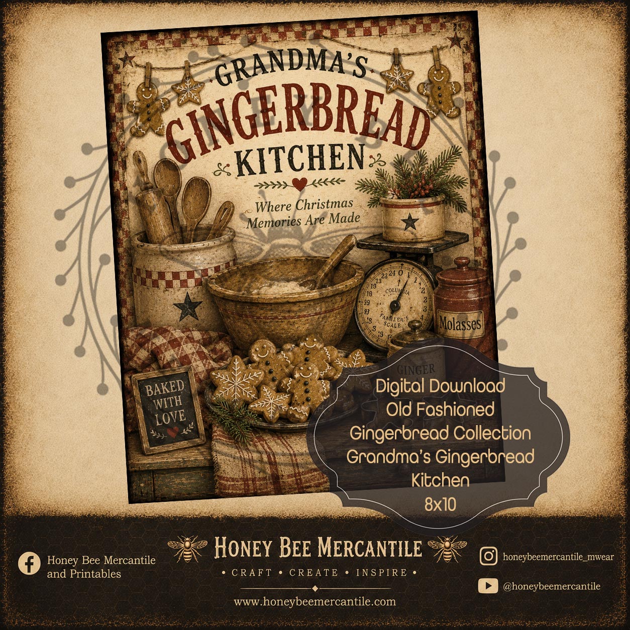 Old Fashioned Gingerbread, Grandma's Gingerbread Kitchen, 8x10, Digital Download, Printable, Decoupage, Craft Supplies