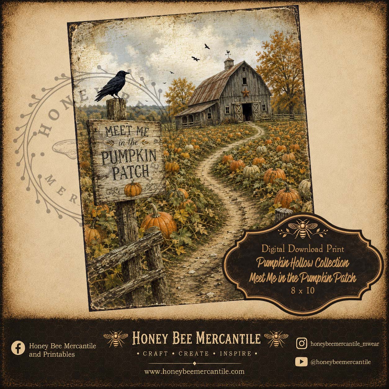 Pumpkin Hollow Collection, Meet Me In The Pumpkin Patch, Barn, Crow, 8x10, Digital Download, Printable, Decoupage, Craft Supplies