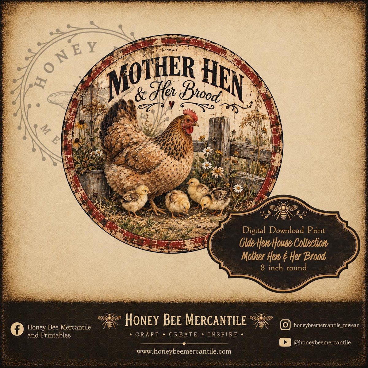 Olde Hen House Collection, Mother Hen and Her Brood, 8 inch round, Digital Download, Printable, Decoupage, Craft Supplies
