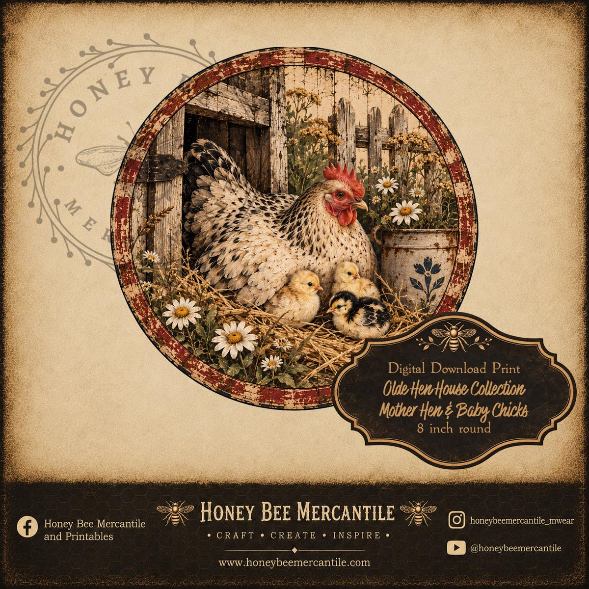 Olde Hen House Collection, Mother Hen with Baby Chicks, 8 inch round, Digital Download, Printable, Decoupage, Craft Supplies