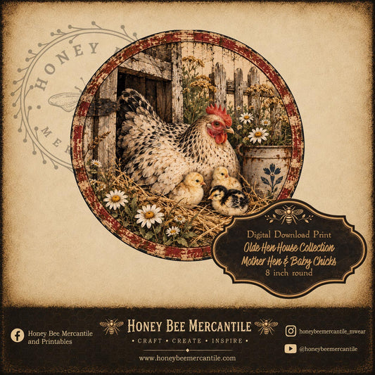 Olde Hen House Collection, Mother Hen with Baby Chicks, 8 inch round, Digital Download, Printable, Decoupage, Craft Supplies