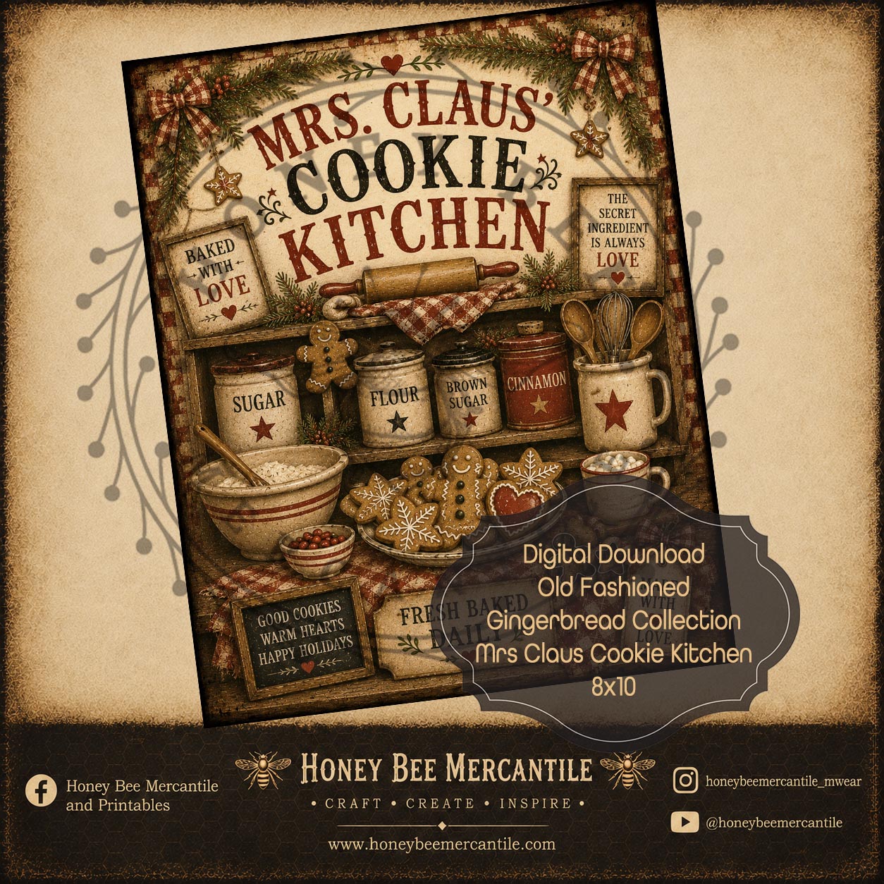 Old Fashioned Gingerbread, Mrs Claus Cookie Kitchen, 8x10, Digital Download, Printable, Decoupage, Craft Supplies