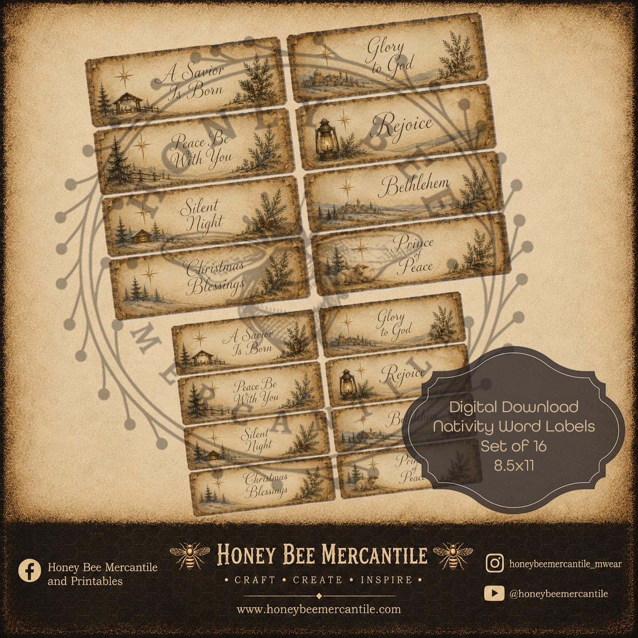 Nativity Word Labels, Digital Download, Printable, Decoupage, Craft Supplies, Set of 16