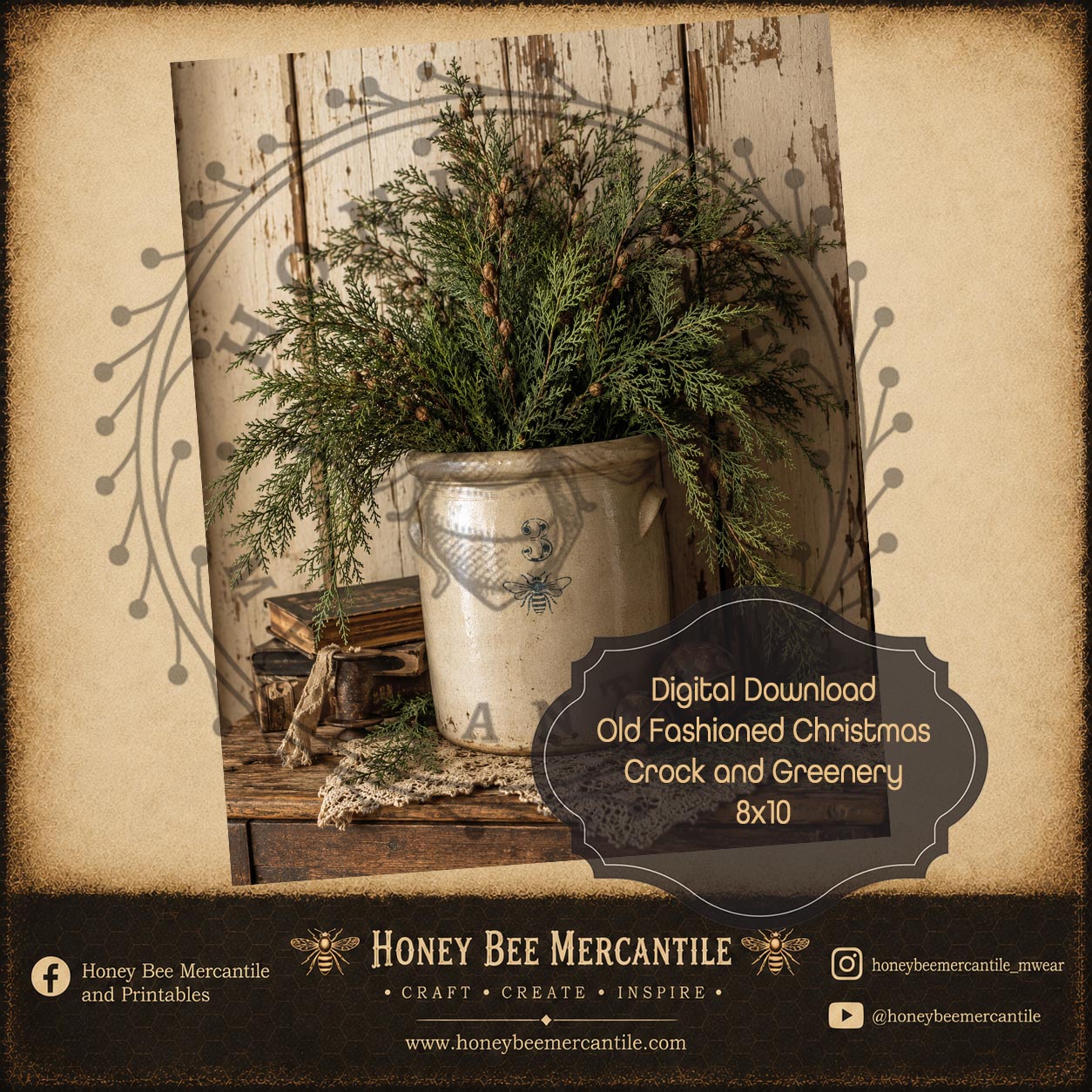 Old Fashioned Christmas, Old Crock and Greens, 8x10, Digital Download, Printable, Decoupage, Craft Supplies