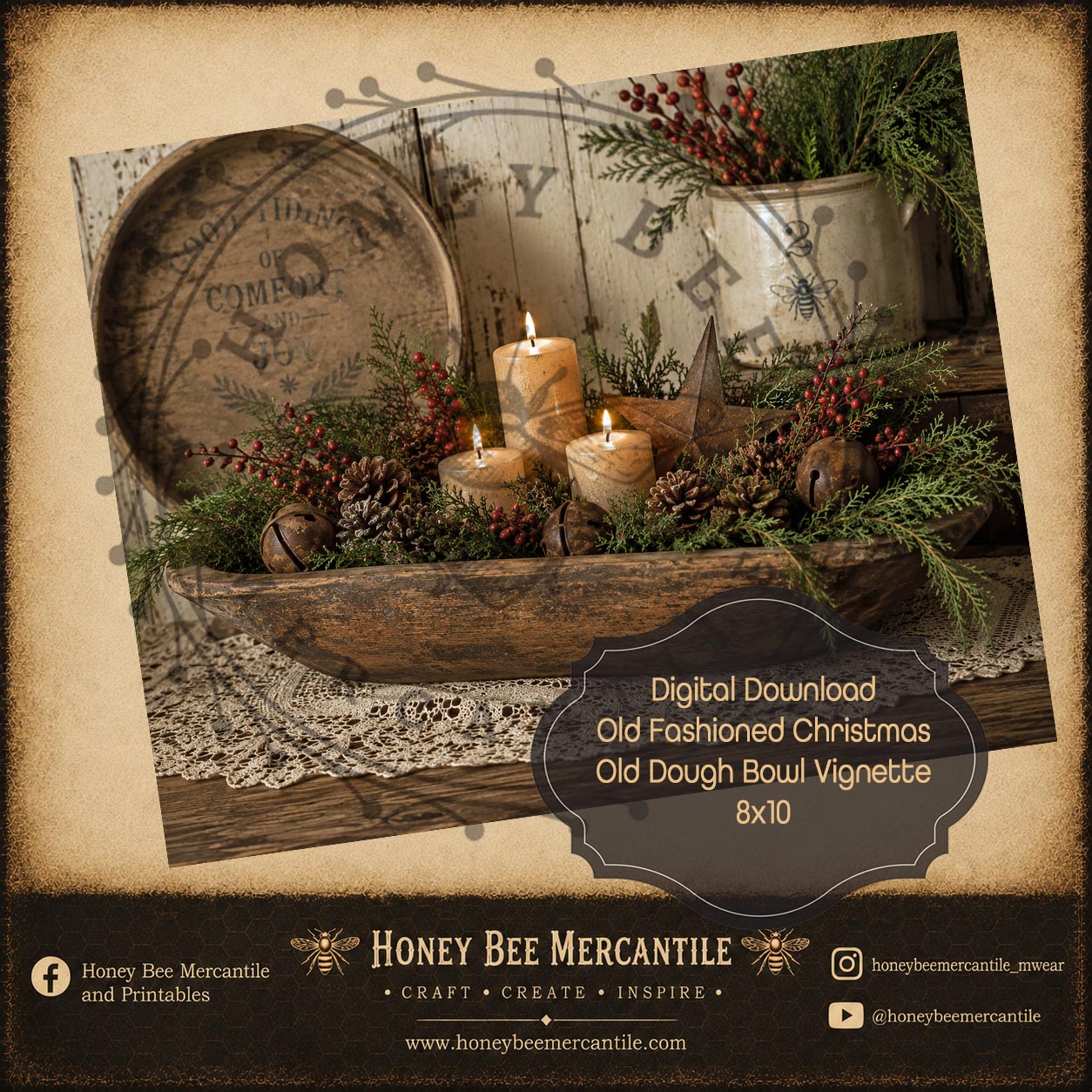 Old Fashioned Christmas, Old Dough Bowl Vignette, 8x10, Digital Download, Printable, Decoupage, Craft Supplies