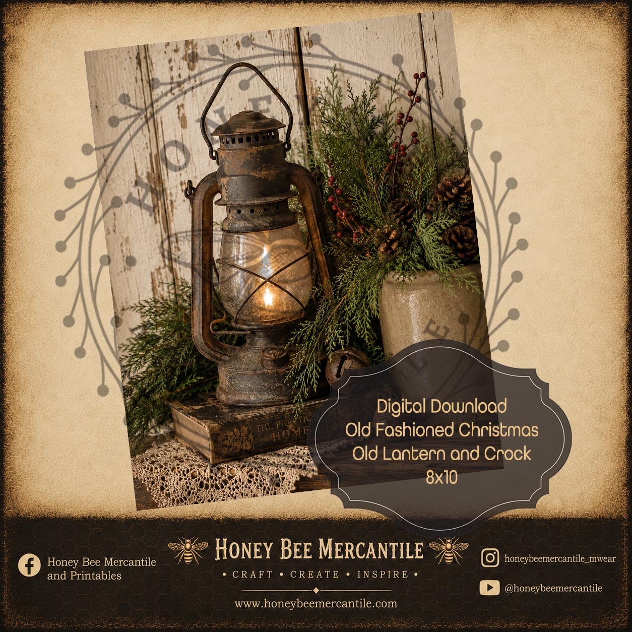 Old Fashioned Christmas, Old Lantern and Crock, 8x10, Digital Download, Printable, Decoupage, Craft Supplies