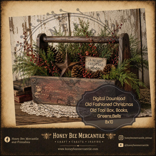 Old Fashioned Christmas, Old Tool Box, Books Greens Bells, 8x10, Digital Download, Printable, Decoupage, Craft Supplies