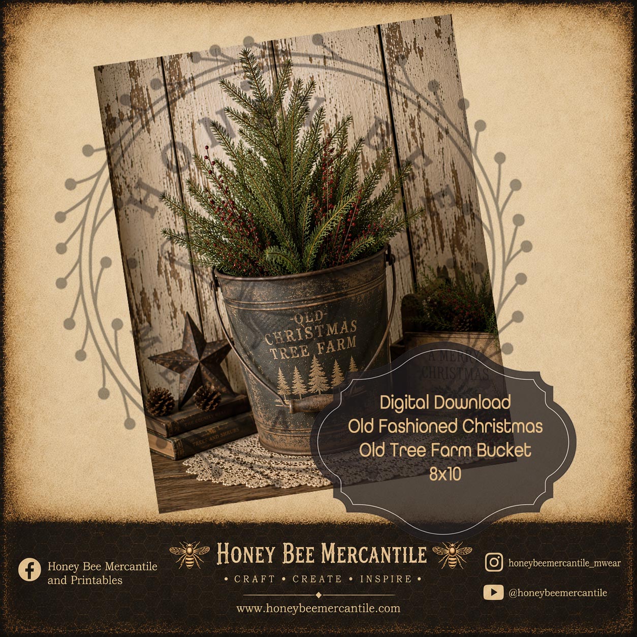 Old Fashioned Christmas, Tree in Bucket, Tree Farm, 8x10, Digital Download, Printable, Decoupage, Craft Supplies