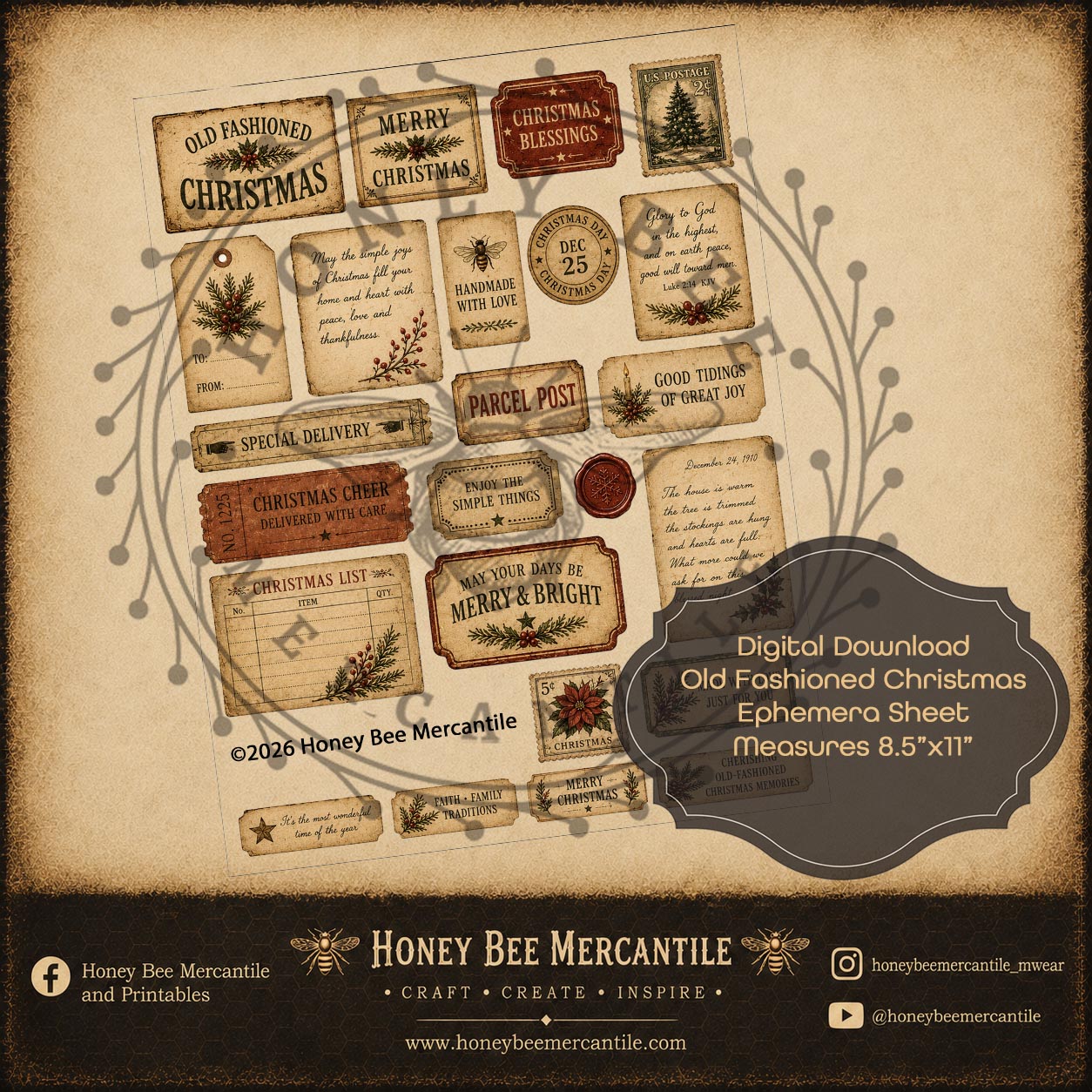 Old Fashioned Christmas, Ephemera Sheet, 8,5x11, Digital Download, Printable, Decoupage, Craft Supplies
