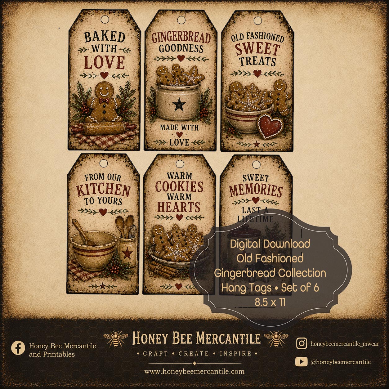 Old Fashioned Gingerbread, Hang Tags, Set of 6, Digital Download, Printable, Decoupage, Craft Supplies