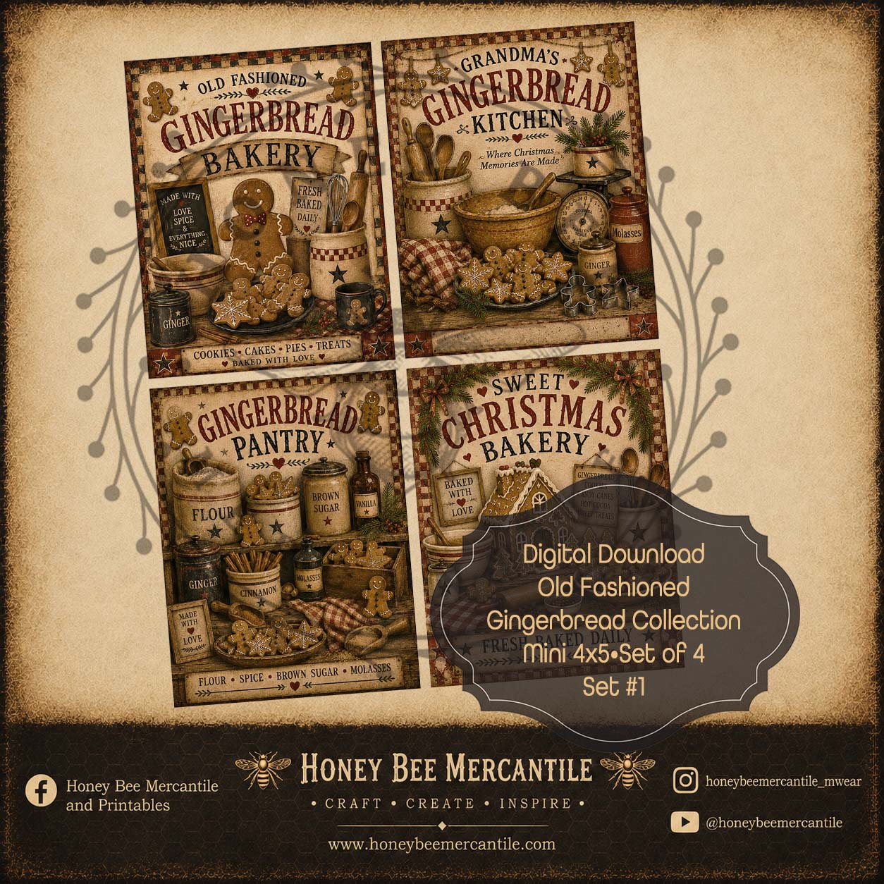 Old Fashioned Gingerbread Minis, Set of 4, 4x5 inch, Digital Download, Printable, Decoupage, Craft Supplies, Set 1