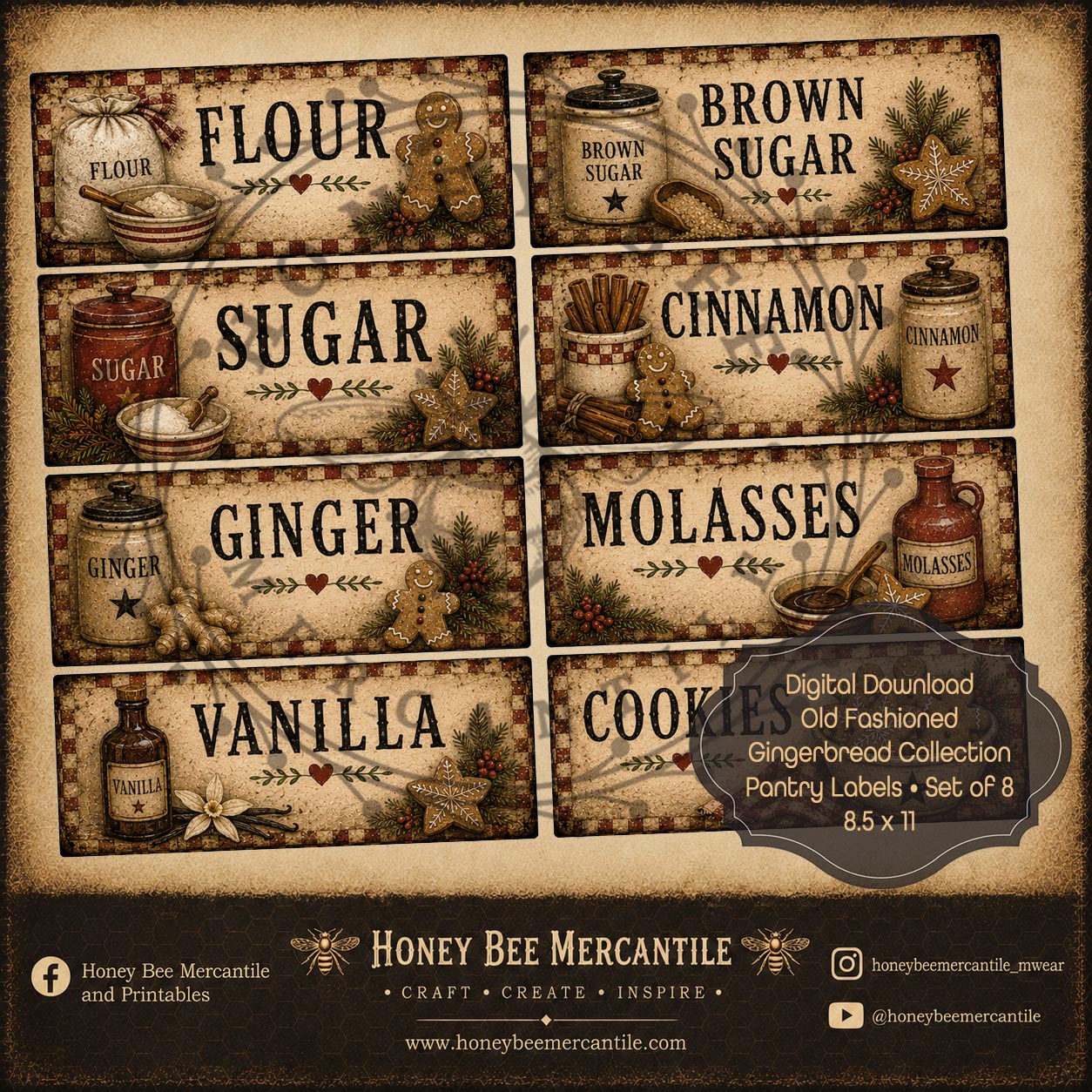 Old Fashioned Gingerbread, Pantry Labels, Set of 8, Digital Download, Printable, Decoupage, Craft Supplies