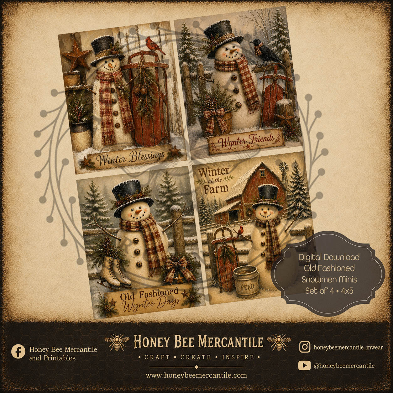 Old Fashioned Snowmen, Set of 4, Minis 4x5, Digital Download, Printable, Decoupage, Craft Supplies