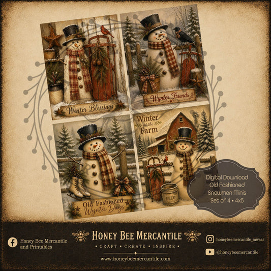 Old Fashioned Snowmen, Set of 4, Minis 4x5, Digital Download, Printable, Decoupage, Craft Supplies