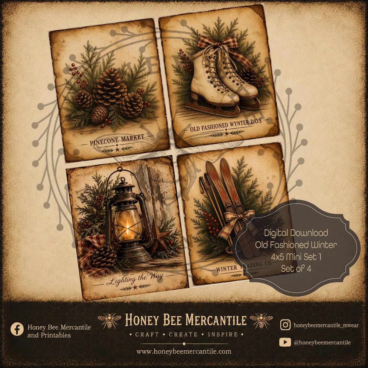 Old Fashioned Winter Minis, 4x5 inch, Set of 4, Digital Download, Printable, Decoupage, Craft Supplies, Set 1
