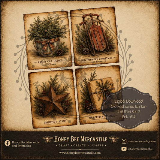 Old Fashioned Winter Minis, 4x5 inch, Set of 4, Digital Download, Printable, Decoupage, Craft Supplies, Set 2