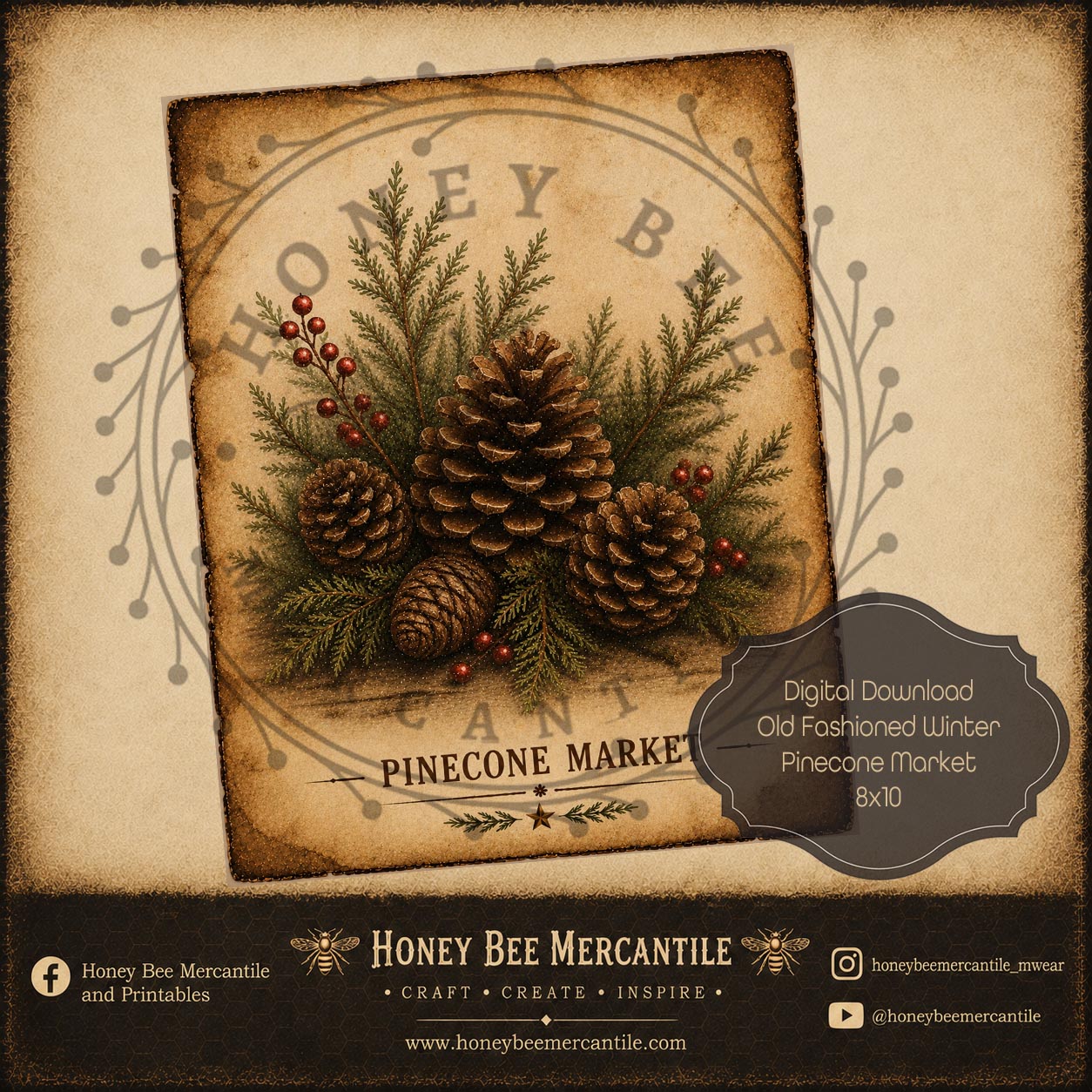 Old Fashioned Winter Pinecone Market, 8x10, Digital Download, Printable, Decoupage, Craft Supplies