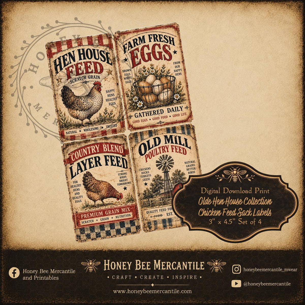 Olde Hen House Collection, Chicken Feed Labels, Digital Download, Printable, Decoupage, Craft Supplies, Set 1